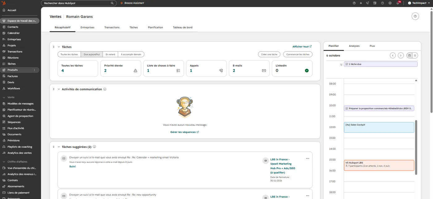 Espace de travail des ventes dans HubSpot : tâches du jour, activités de communication, tâches suggérées et agenda